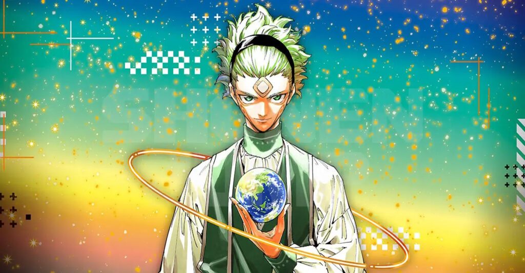 Maru from Jujutsu Kaisen Modulo holding planet earth in his hands