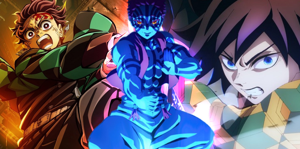 Tanjiro and Giyu Tomioka flanking Akaza in Demon Slayer: Infinity Castle art