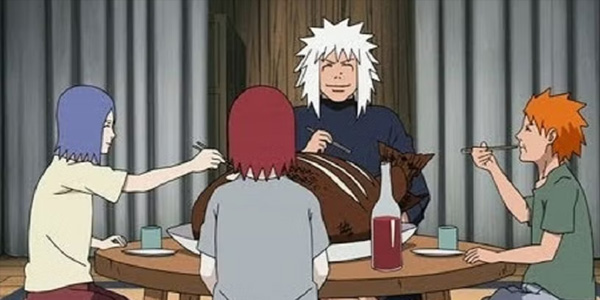 Jiraiya and the Amigakure orphans eating dinner together
