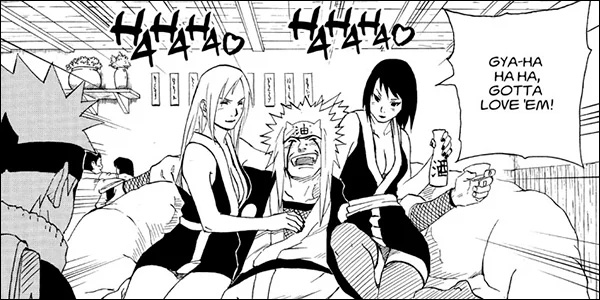 Jiraiya with ladies in his lap at the festival in Naruto manga Chapter 150