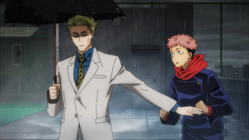 Nanami holding his arm out to stop Yuji from advancing in Jujutsu Kaisen Season 1