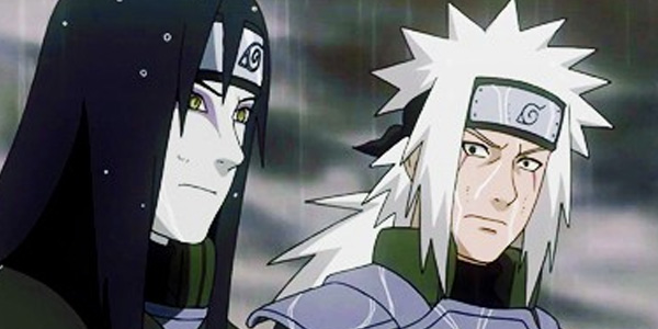 Orochimaru and Jiraiya standing in the rain in Naruto Shippuden flashback