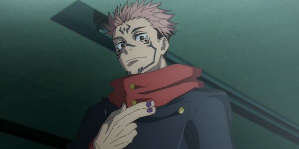 Ryomen Sukuna in the Jujutsu Kaisen anime with his fingers ove rhis chest.