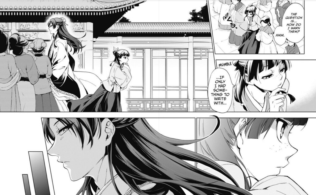 Jinshi noticing Maomao the first time in The Apothecary Diaries manga volume 1 