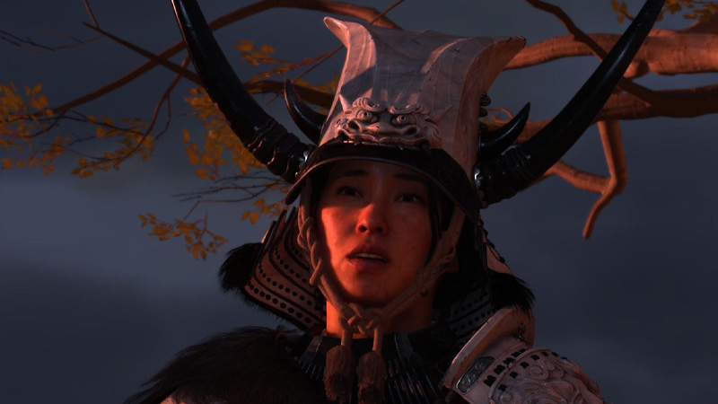 Atsu the Onryo against a dark sky in Ghost of Yotei