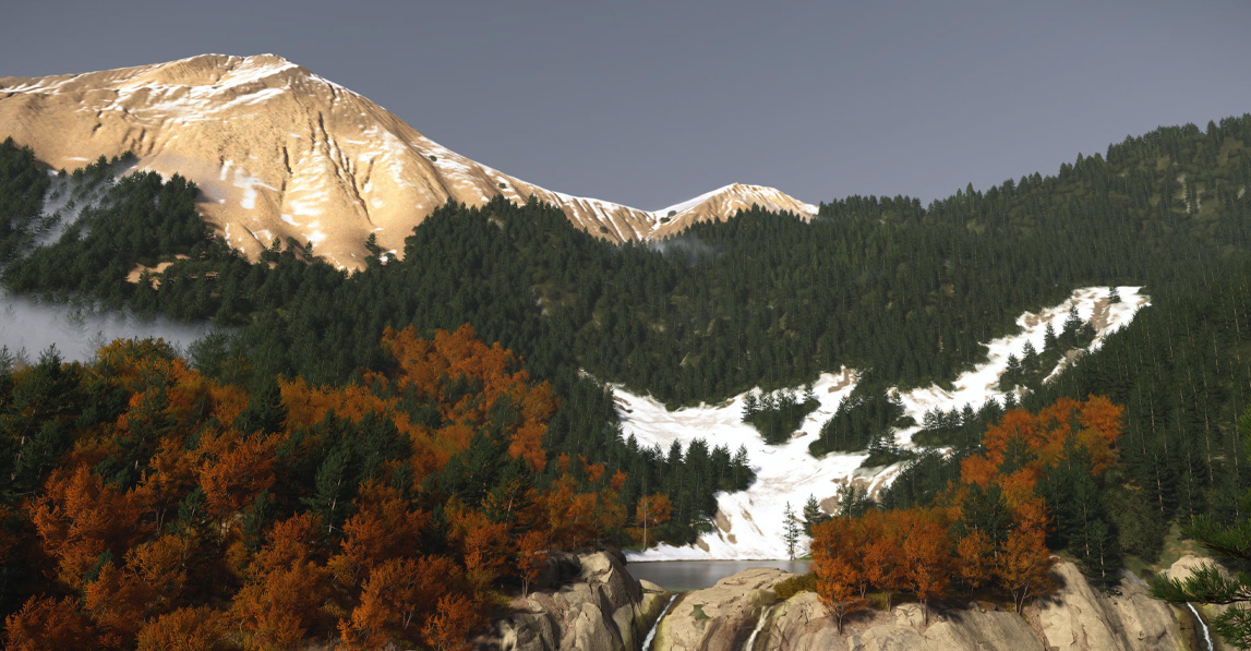 Ghost of Yotei landscape with snowy trees and changing leaves