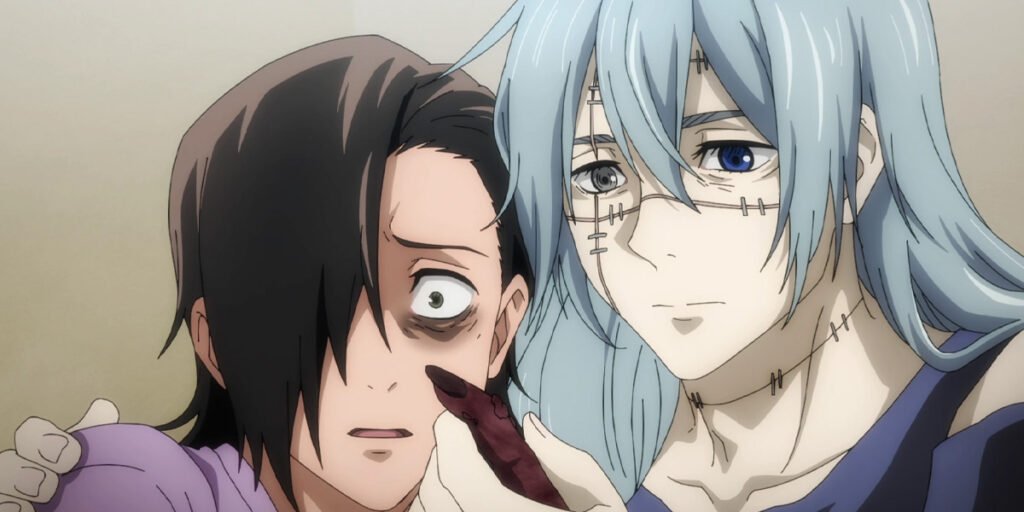 Mahito comforting Junpei while holding Sukuna's finger