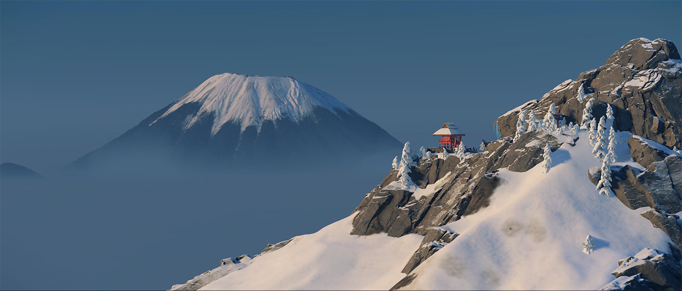 Mount Yotei view from a shrine in Ghost of Yotei