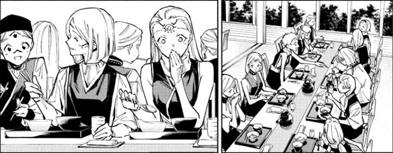 Simurian women sitting together at tables eating in Jujutsu Kaisen Modulo Chapter 11