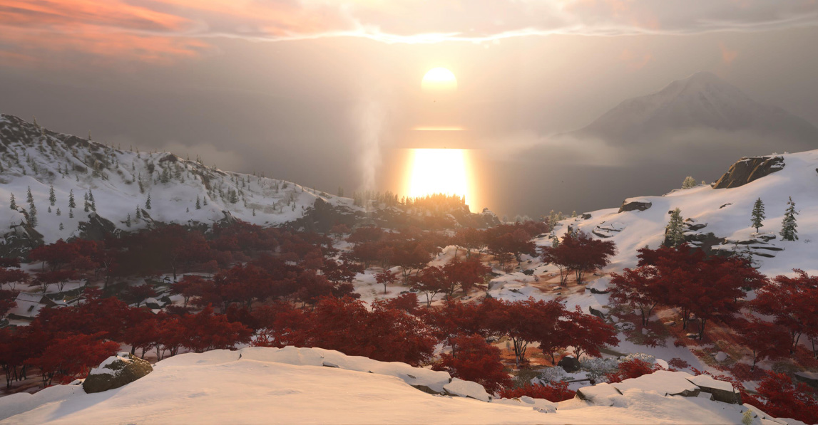 Sunset beyond Mount Yotei in Ghost of Yotei