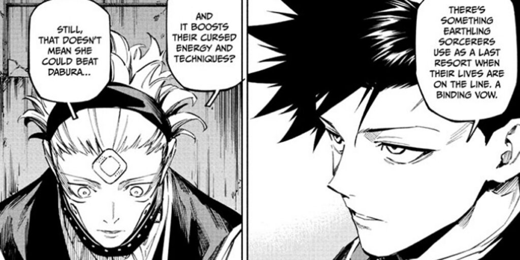 Tsurugi explaining Binding Vows to Maru in Jujutsu Kaisen Modulo