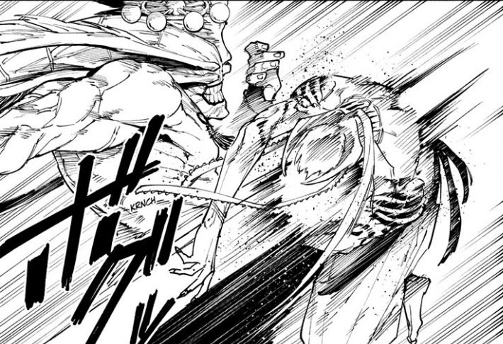 Mahoraga kicking Dabura in Jujutsu Kaisen Modulo 18