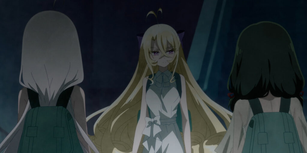 Michiro and the others inspecting the body of the dead player in Shiboyugi