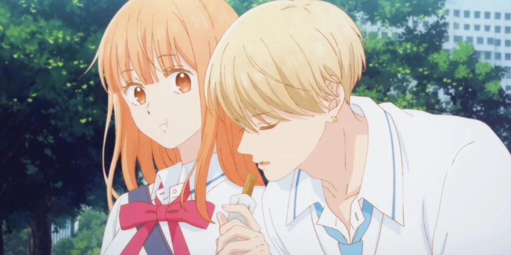 Shin taking a bite of Mizuho's snack in an indirect kiss Anyway, I'm Falling In Love With You