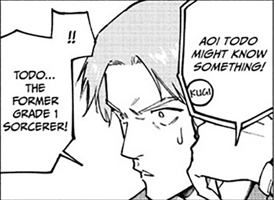 Mino on the phone searching for Yuji Itadori mentions Aoi Todo in Jujutsu Kaisen Modulo #20