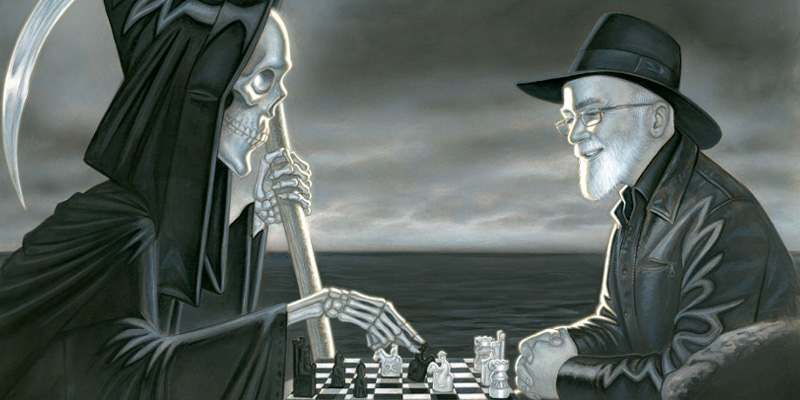 Terry Pratchett's Discworld TTRPG art of Terry Pratchett playing chess with Death