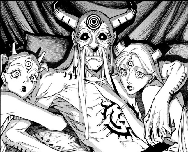 Deskunte chief clutching two young women in Jujutsu Kaisen Modulo