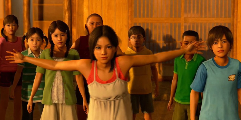 Haruka protecting the kids at the orphanage in Yakuza Kiwami 3