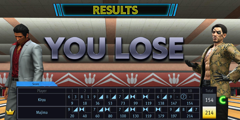 Kiryu pouting after losing to Majima at bowling