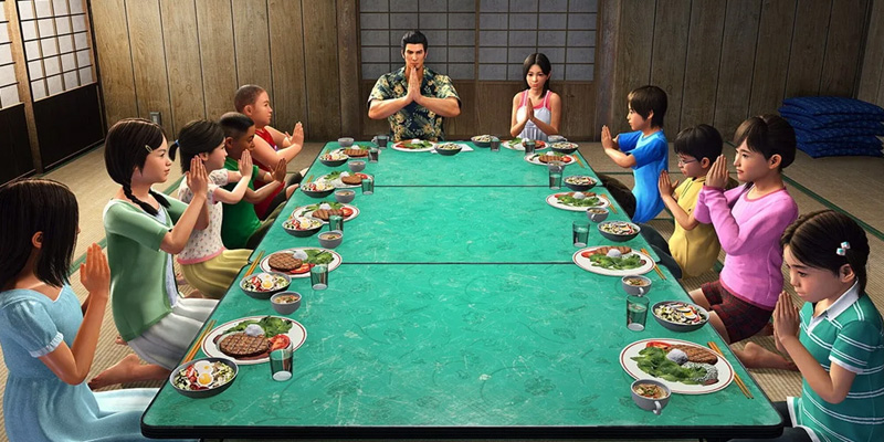 Morning Glory orphanage dinner time in Yakuza Kiwami 3