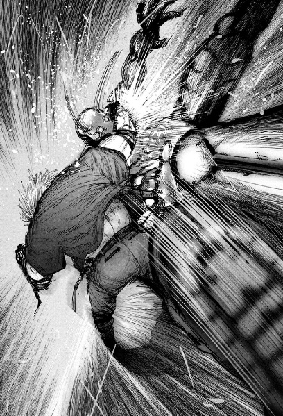 Shirokiba slamming the alien in Alien Headbutt