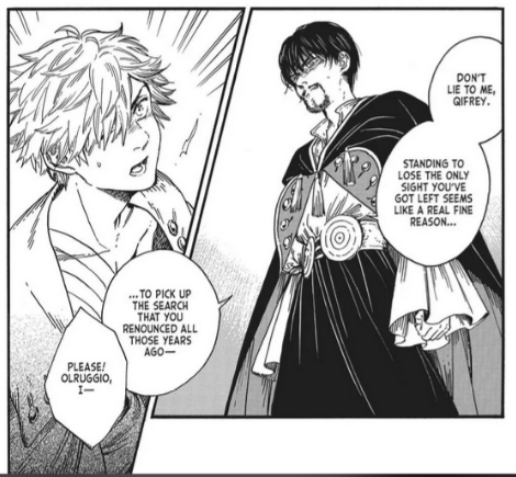 Olruggio confronts Qifrey in the Witch Hat Atelier manga